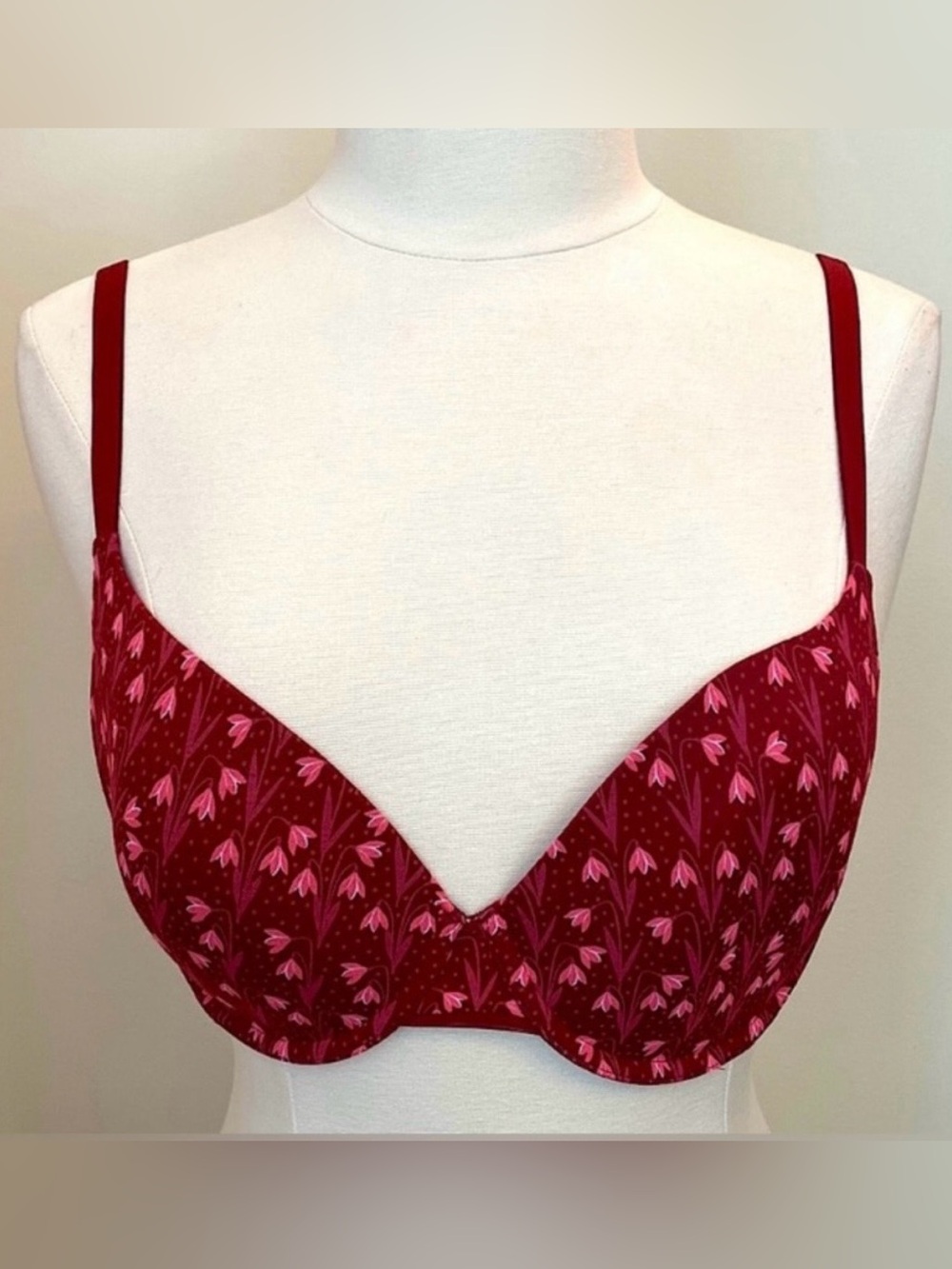 Auden Maroon Pink Dark Floral 34E (DD) Romantic Demi Coverage The Everyday Bra